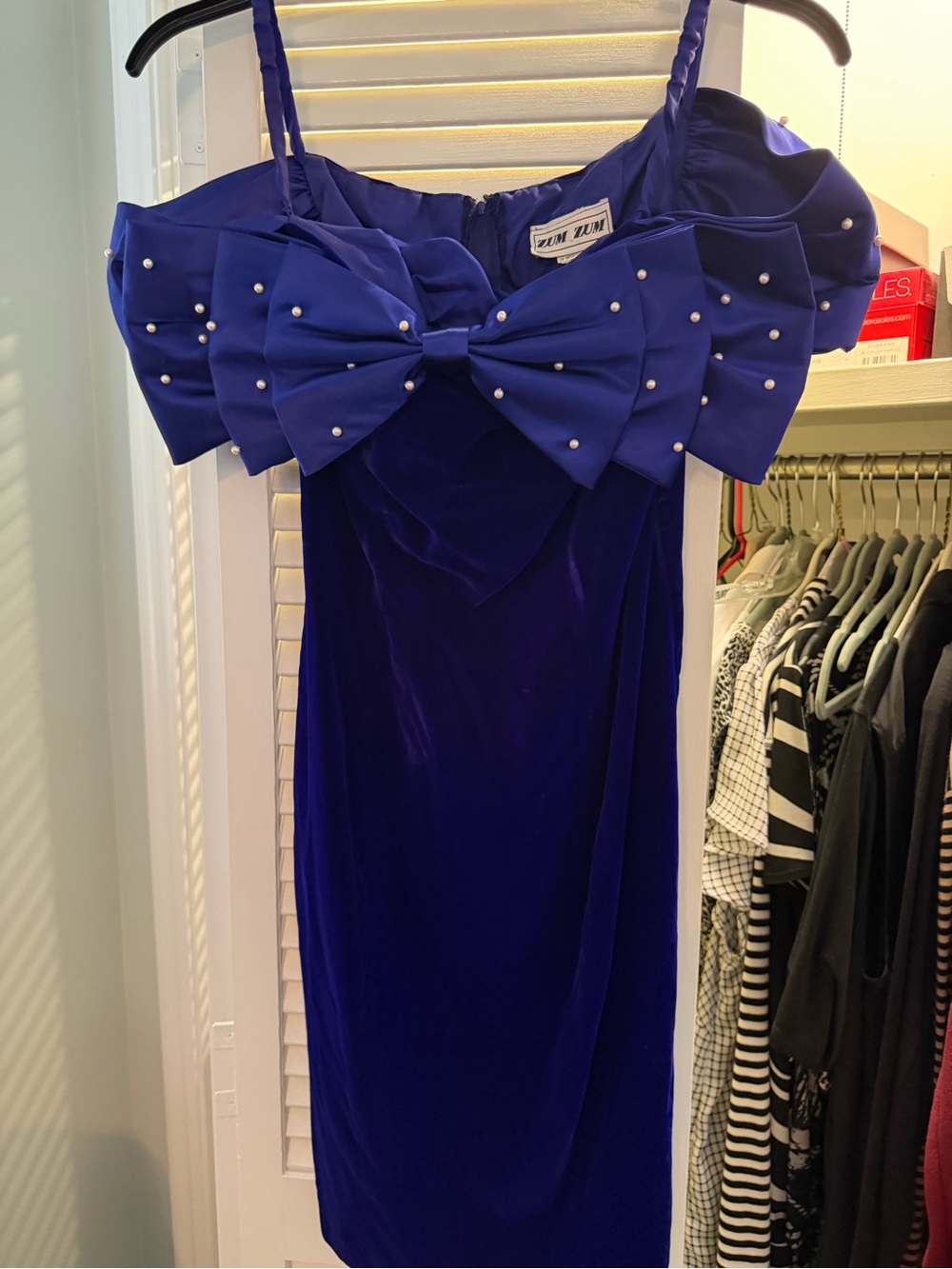 Zum Zum by Niki Livas Royal Blue Velvet Off-Shoulder Bow Dress